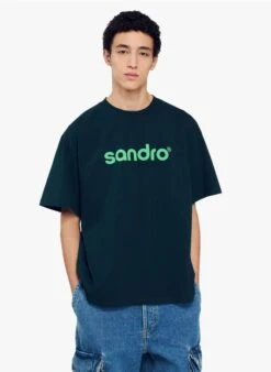 Sandro RETRO - Katoenen T-shirt Met Ronde Hals En Geborduurd Logo | Groen -Havaianas Shop 4036922